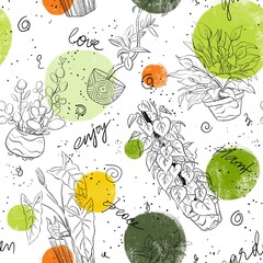 Hand drawn bright spring doodle pattern with home plants