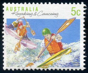 Kayaking, Canoeing sport, Australian postage stamp circa 1990