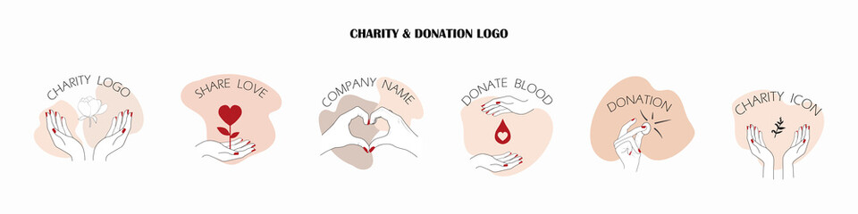 donation and charity logo icon set. minimal simple line human hand gesture and heart symbol. concept of give, help, donate blood and money. for fundraising nonprofit and donor organizations. vector