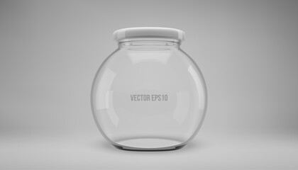 Glass jam jar with a lid. A transparent jar with a white lid. - obrazy, fototapety, plakaty