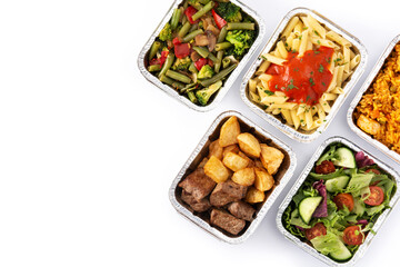 Take away healthy food in foil boxes isolated on white background. Top view. Copy space