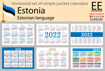 Estonian horizontal pocket calendar for 2022. Week starts Sunday