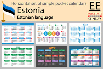 Estonian horizontal pocket calendar for 2022. Week starts Sunday