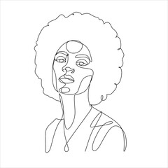 Line Art Woman Face Drawing. Black Woman Vector. Afro American Female Logo. Contouring Line. Minimalist Face. Beauty salon