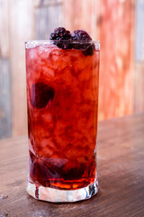 Berry soft drink. Bar menu. Blackberry lemonade. Juice, fruit drink.