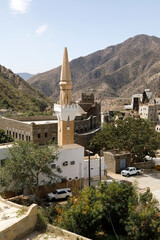 Panorama of beautiful historical houses and mosque minaret in Rijal Almaa heritage village in Saudi Arabia