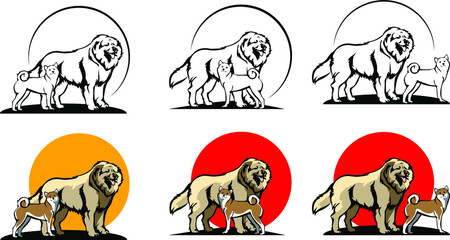 A set of elements small and large dog 
Caucasian Shepherd Dog and Inu Japanese Force
Black and white and colored version 
concept logo for club dog lovers or dog show 
