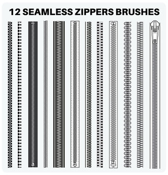 Seamless zippers with puller flat sketch vector illustrator Brush set, different types of Zip for fasteners, dresses garments, bags, Fashion illustration, Clothing and Accessories