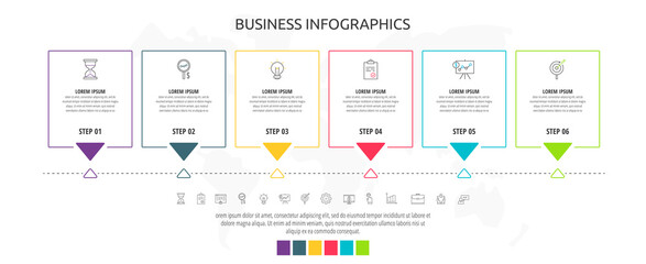 Line cards with six steps, arrows. Rectangular infographic. Frames timeline data vector template. Minimal design for diagram, business, web, workflow layout, flowchart, content, levels, chart