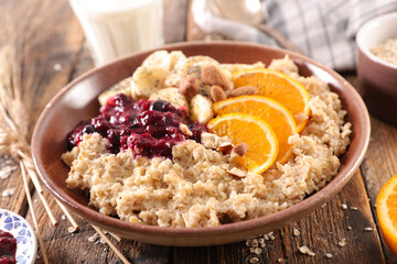 oatmeal,  porridge with milk and fruit