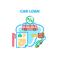 Car Loan Service Vector Icon Concept. Car Loan Service Investment Structure For Buy Under Credit Percents Transport And Getting Key From Vehicle. Payment Agreement For Automobile Color Illustration