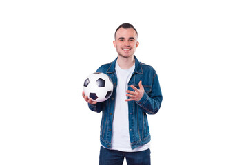 Photo of handsome young man holding soccer ball over white background