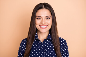 Close-up portrait of nice beautiful content cheerful glad business lady isolated over beige pastel color background
