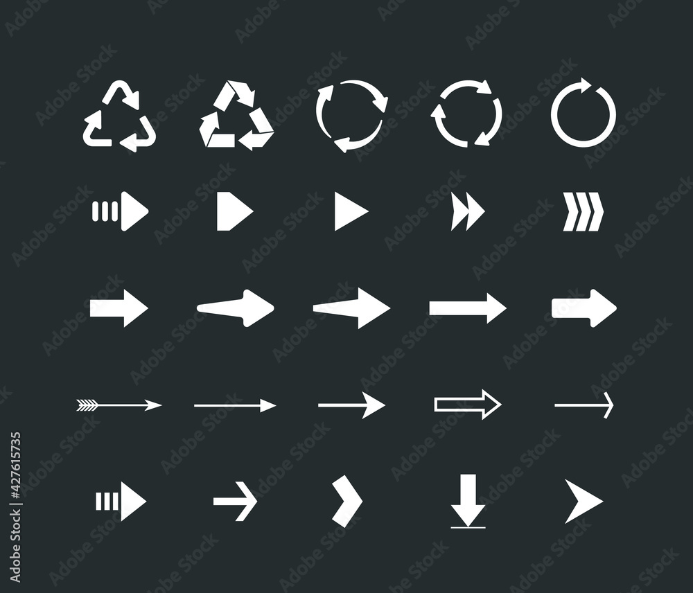 Poster set of different shape arrows isolated on black background. vector illustration. arrow icons.