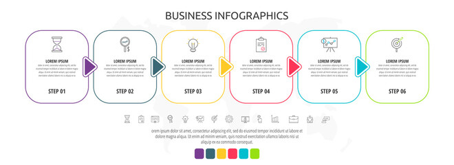 Line cards with six steps, arrows. Rectangular infographic. Frames timeline data vector template. Minimal design for diagram, business, web, workflow layout, flowchart, content, levels, chart