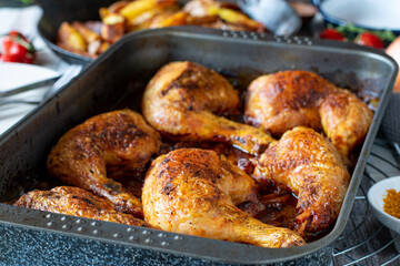 grilled chicken legs with a delicious curry sauce served on a baking tray on kitchen table