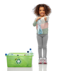 recycling, waste sorting and sustainability concept - smiling african american girl with plastic bottles in box showing thumbs up over white background