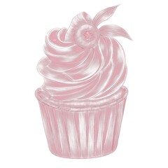 A hatched illustration of a blueberry muffin on a white background is an isolated element, a shiny pink line