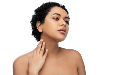 beauty and people concept - portrait of young african american woman with bare shoulders over white...