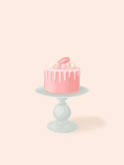 Pink beautiful cake digital illustration. Postcard