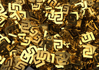 symboles de la devise monnaitaire Isralélienne, le Shekel, disposés comme des lingots d'or en vrac