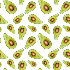 Watercolor illustration. Seamless pattern on a white background with avocado. Patter in tropical design. Sliced avocado