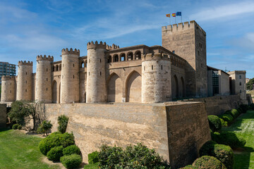 Fototapeta na wymiar Side view of the Aljafería Palace built in the second half of the 11th century on the initiative of al-Muqtadir as the residence of the Hudi kings of Saraqusta of Zaragoza, Spain.