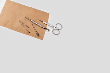 Beauty salon. Manicure cabinet. Professional manicure tools. Top view. Background