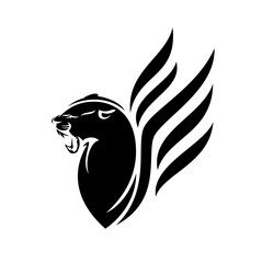 roaring black panther with wings vector head portrait - elegant  mythical animal outline design