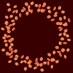 Scattered roasted coffee beans blank round frame. Watercolor hand drawn template illustration for menu or packaging