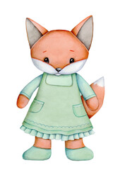 Cute cartoon wild animal forest fox in green clothes.  Watercolor hand drawn illustration for children, isolated.