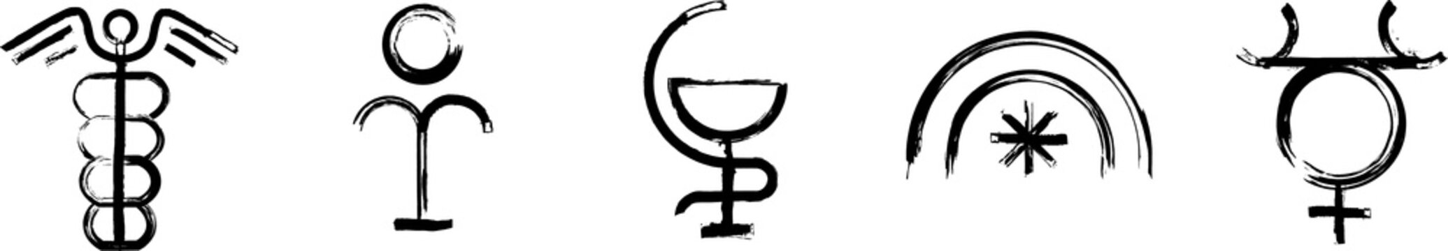 Symbols for Greek Mythology signs. Set of the ancient glyphs. Hermes (Mercury), Hydra, Hygeia, Iris (Arcus), Pan. Black ink handwriting. Vector
