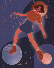 cute girl soars in zero gravity between the moon, earth, and mars - 427619104