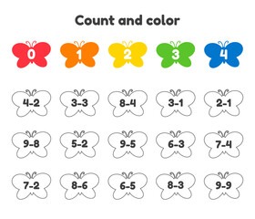 Coloring book number for kids. Worksheet for preschool, kindergarten and school age. Subtraction. Count and color. Butterflies.