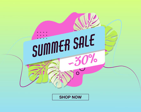 Summer Sale Pink Banner, Hot Season Discount Poster With Tropical Green Leaves