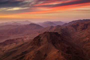 Fototapeta na wymiar View from Mount Sinai at sunrise. Beautiful mountain landscape in Egypt.