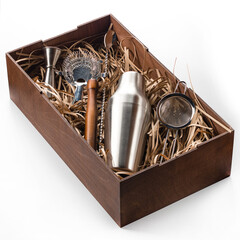 Cocktail shaker, strainer and long cocktail spoon and other bartender equipment isolated on white in wooden gift box