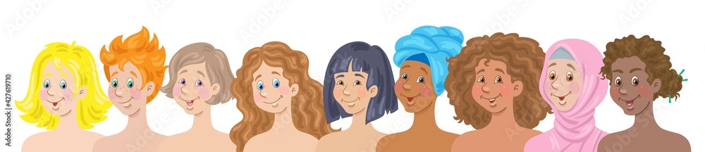 Sticker Beautiful happy young women of different nationalities and cultures. Banner in cartoon style. Isolated on white background. Vector flat illustration