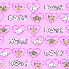 Pink pattern with text dogs poodle pug pets in hearts. Textiles for children. Digital paper scrapbook for kids.