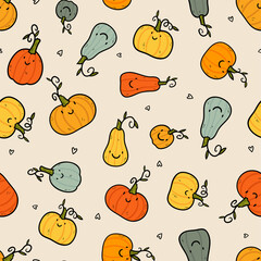 Cute pumpkins having fun, seamless pattern, great for Thanksgiving of Halloween textiles, wrapping, banners, wallpaper, hand drawn - vector design