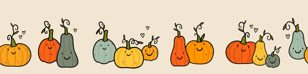 Cute pumpkins having fun, seamless pattern, great for Thanksgiving of Halloween textiles, wrapping, banners, wallpaper, hand drawn - vector design