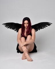 Full length portrait of a red haired  girl wearing black dress and feather angel wings.  Sitting...