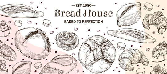 Vintage hand-drawn sketch style bakery banner.Different kinds of pastry sweets on white background. Bread,  pie slices, cheesecake, macaroons, buns, and other testy bakery products, line art - obrazy, fototapety, plakaty