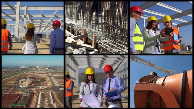Construction Industry Conceptual Multi Screen Video -  Construction Site with Tower Cranes, Machinery and Builders at Work