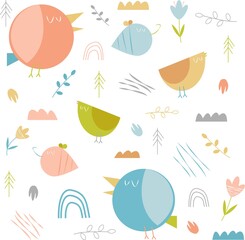 Seamless children's pattern with cute animals and plants. A bird, a bee, and a flower. Creative children's forest texture for fabric, packaging, textiles, wallpaper, clothing. Vector illustration