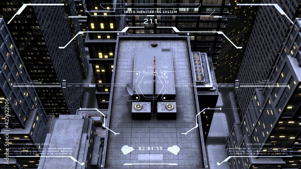 Poster Futuristic digital 3d rendering building night time ai scan monitor display