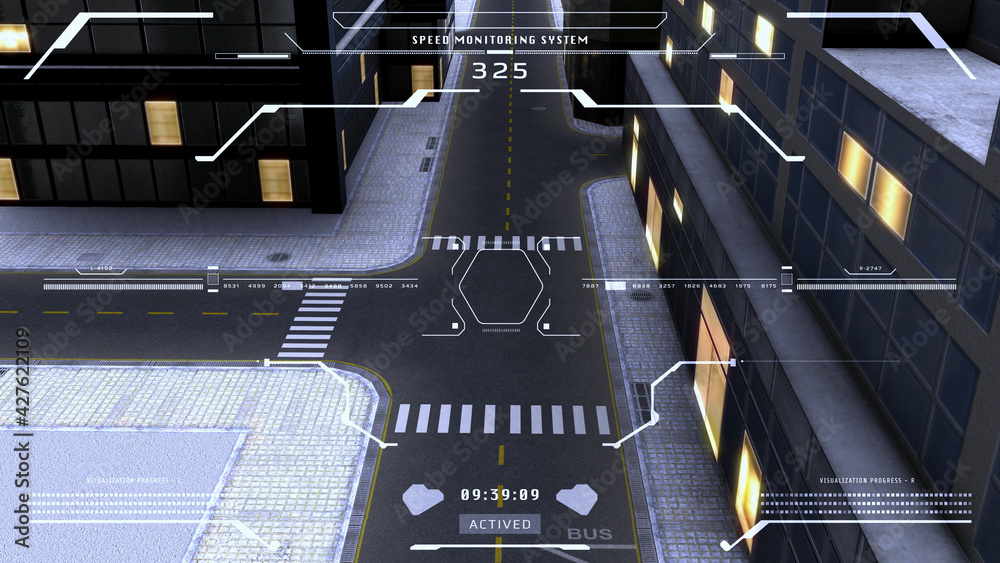 Poster HUD UI virtual security street view monitor screen 3d rendering technology illustration