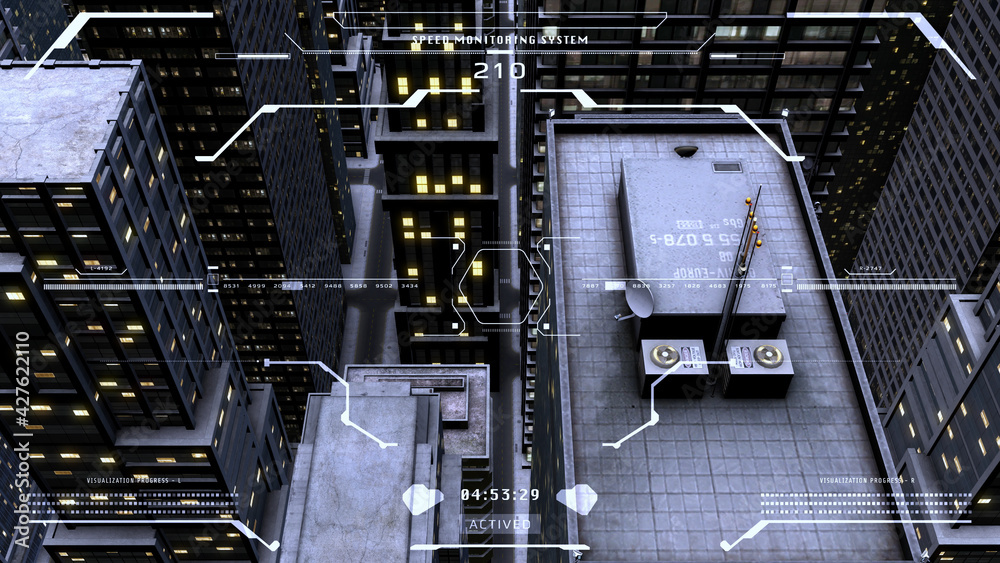 Poster HUD hologram scan UI monitor screen 3d rendering big building illustration