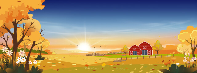 Autumn landscapes of Countryside in evening Sunset with Orange sky,Panoramic of mid autumn in farm field, mountain, wild grass and leaves falling from tree in orange foliage. Wonderland in fall season