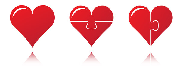 Puzzle shape red hearts set illustration on white background. Broken hearts concept graphic illustration. Vector version available in my portfolio.